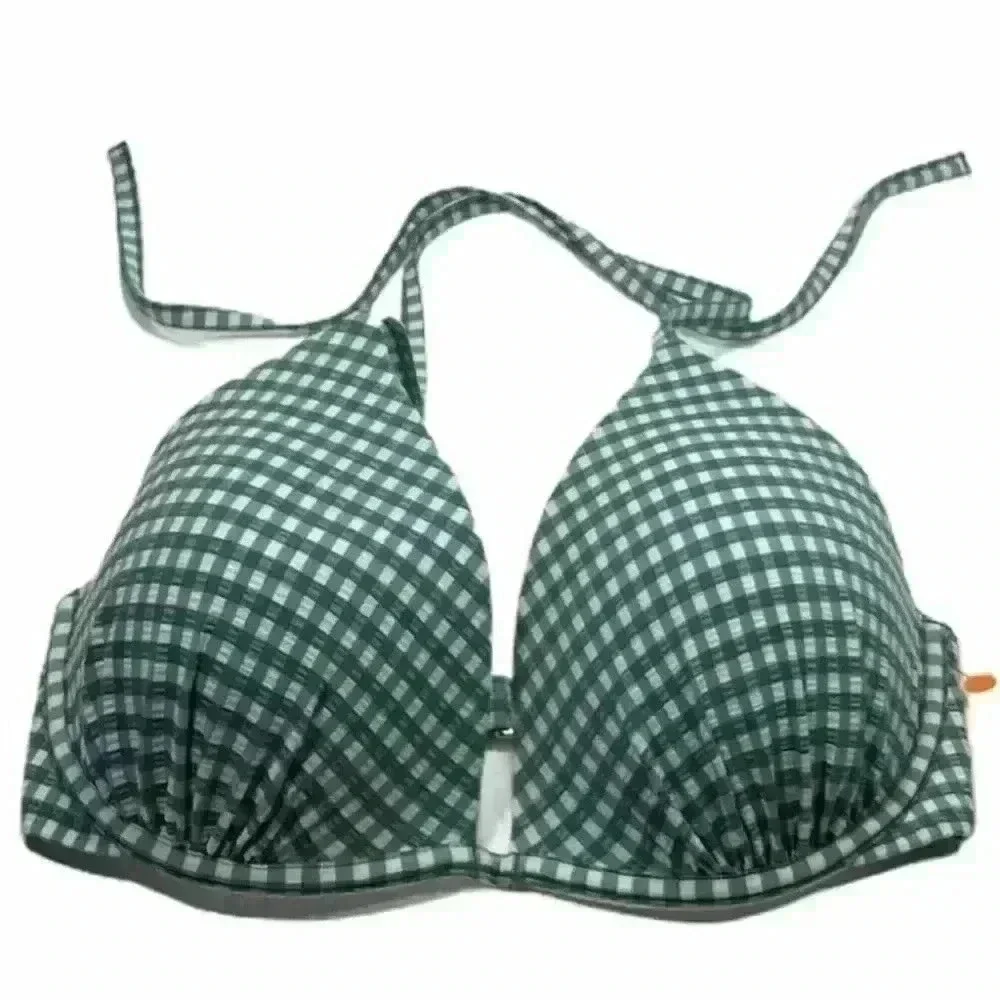 Shade & Shore Bikini Top Sage Green Plaid Padded Swimwear Bra Size 34DD